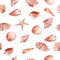 Marine seashell and starfish seamless watercolor raster pattern