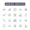 Marine services line vector icons and signs. Shipping, Boating, Fishery, Navigation, Towing, Salvage, Mooring, Harbours