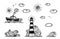 Marine set in cartoon doodles style: ship, lighthouse, waves, sun and clouds