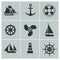 Marine and shipping icons. Boat, ship or yacht, anchor life buoy vector silhouette signs