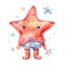 Marine starfish with clothes watercolor illustration, marine animals clipart