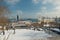 Marine Station. Odessa. View of the Potemkin Stairs and the seaport and ships at the pier and lighthouse. Winter view of the city.