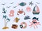 Marine stickers. Crab boat and shell with pearls. vector illustration