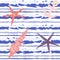 Marine striped seamless pattern with seashells, starfish and anchors. Vector