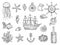 Marine symbols. Fish ship shells boats ocean symbols sailboat vector nautical collection