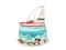 A marine-themed cake, a sugar paste sailboat for a boy`s birthday. On a white isolated background.