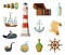 Marine vector objects. Chest, compass, treasure map and other objects in cartoon style