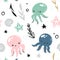 Marine vector seamless pattern with cute octopuses, seaweed and shells. Doodle style, hand drawn. Item for your design.