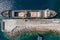 Marine works construction equipment and machinery, aerial drone top down view, Sand loading machine ship