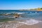 Marinella, Sardinia, Italy - Panoramic view of Golfo di Marinella beach and seaside in Porto Marana resort at the Costa Smeralda