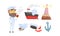 Mariner Attributes with Seaman Character Standing and Smoking Pipe Vector Set