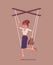 Marionette businesswoman, manipulated or controlled puppet worked by strings