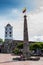 MARIQUITA, COLOMBIA - MAY, 2022: Jose Celestino Mutis square and the bell tower of the San Sebastian Church built between 1553 and