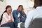 Marital Psychotherapy. Sad Black Couple Sitting At Therapy Session With Psychologist