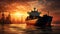 A maritime cargo ship sailing against the backdrop of a setting sun, cranes in the distance