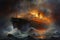 Maritime Catastrophe: Burning Cruise Ship Amidst Ocean Maelstrom.
