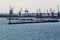 Maritime cranes. Panoramic view of port activity with cargo ships, cranes and containers