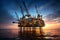 Maritime energy offshore oil rig at sunset, construction and production