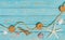 Maritime sea background with starfish and seashells in fishing net on turquoise blue wood