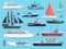 Maritime ships flat. Water carriage, vessels boats yacht ship battleship warship large vessel. Sea cargo dock vector set