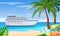 Maritime ships at sea, cruise ship near tropical beach with palm. Water transportation tourism transport cartoon vector