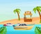 Maritime ships at sea, sailboat, frigate with sails near tropical beach with palm. Water transportation tourism transport cartoon