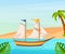 Maritime ships at sea, sailboat with sails near tropical beach with palm. Water transportation tourism transport cartoon vector