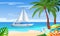 Maritime ships at sea, sailing yacht near tropical beach with palm. Water transportation tourism transport cartoon vector