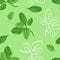 Marjoram leaves seamless pattern. Vector cartoon color illustration of green herbs on green background.