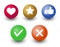 mark check o.k.,cancel, like, voting and rating vector icon set, hand with thumb up, star and heart symbol in color 3d circle bu