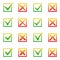 Mark X and V in check box. Sunny gradient color green hooks, red crosses. Yes No icons in frame for websites or