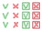 Mark X and V in form of pencils. Green hooks, tick, red crosses. Yes No Right Wrong icons for websites, applications