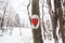 Marked hiking trail, heart shape sign on the tree. Winter cold day