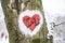 Marked hiking trail, heart shape sign on the tree. Winter cold snowy