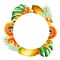 Marker frame, logo and templates with sweet ripe slice of papaya with grains, tropical leafs, monstera in watercolor