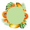 Marker frame, logo and templates with sweet ripe slice of papaya with grains, tropical leafs, monstera in watercolor