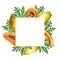 Marker frame, logo and templates with sweet ripe slice of papaya with grains in watercolor style. Hand drawn realistic