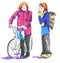 Marker street illustration, sketch, two women chatting in the street, cartoon style