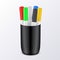 Markers in black plastic cup. Felt or fibre-tip pens colorful set for drawing. Stationery.