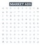 Market ads vector line icons set. Advertising, Markets, Promotions, Placement, Commercials, Campaigns, Spots