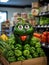 Market Delight: Joyful Green Pepper Grinning and Greeting Shoppers