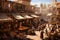 market in Fes circa September 2014 in Fes, A bustling bazaar scene with crowded stalls selling spices, fabrics, and artifacts, AI