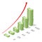 Market growth with chart and dollar currency bills. Big stacked pile of cash. Isometric banking and finance concept