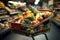 Market haul Full shopping cart captures groceries in bustling supermarket