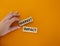 Market impact. Concept word Market impact on wooden cubes. Beautiful orange background. Businessman hand. Business and Market