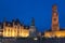 Market square and Belfort tower at night, Bruges, Belgium