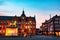 Market Square at night in Dusseldorf, Germany with illuminated Jan Wellem Statue