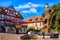 Market square in Schlitz with Marktbrunnen Market fountain, statue of St. Georg