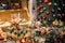 Market stall full of wooden spinning tops