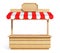 Market stall with striped red and white awning, wooden counter, kiosk, stand, 3d rendering